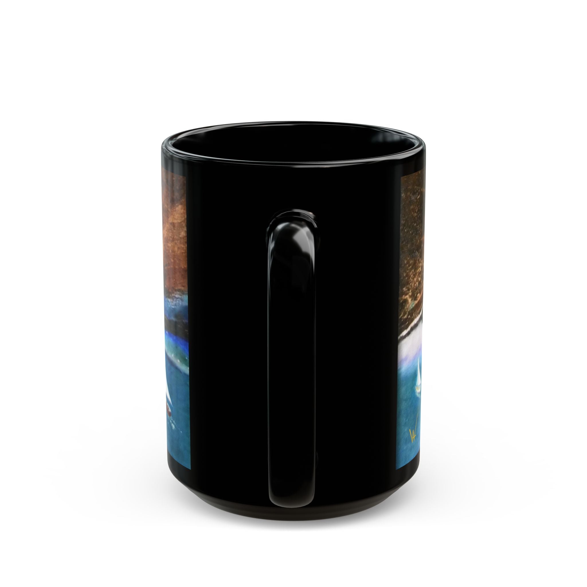 Black mug with a scenic design on a black background