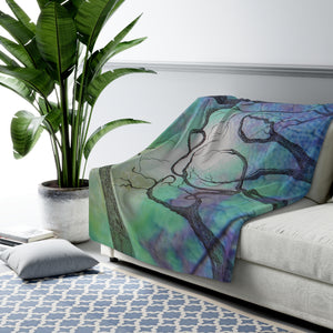 "Blue Forest" - Custom Artwork Unique Sherpa Fleece Blanket Blue/Blake/Lilac