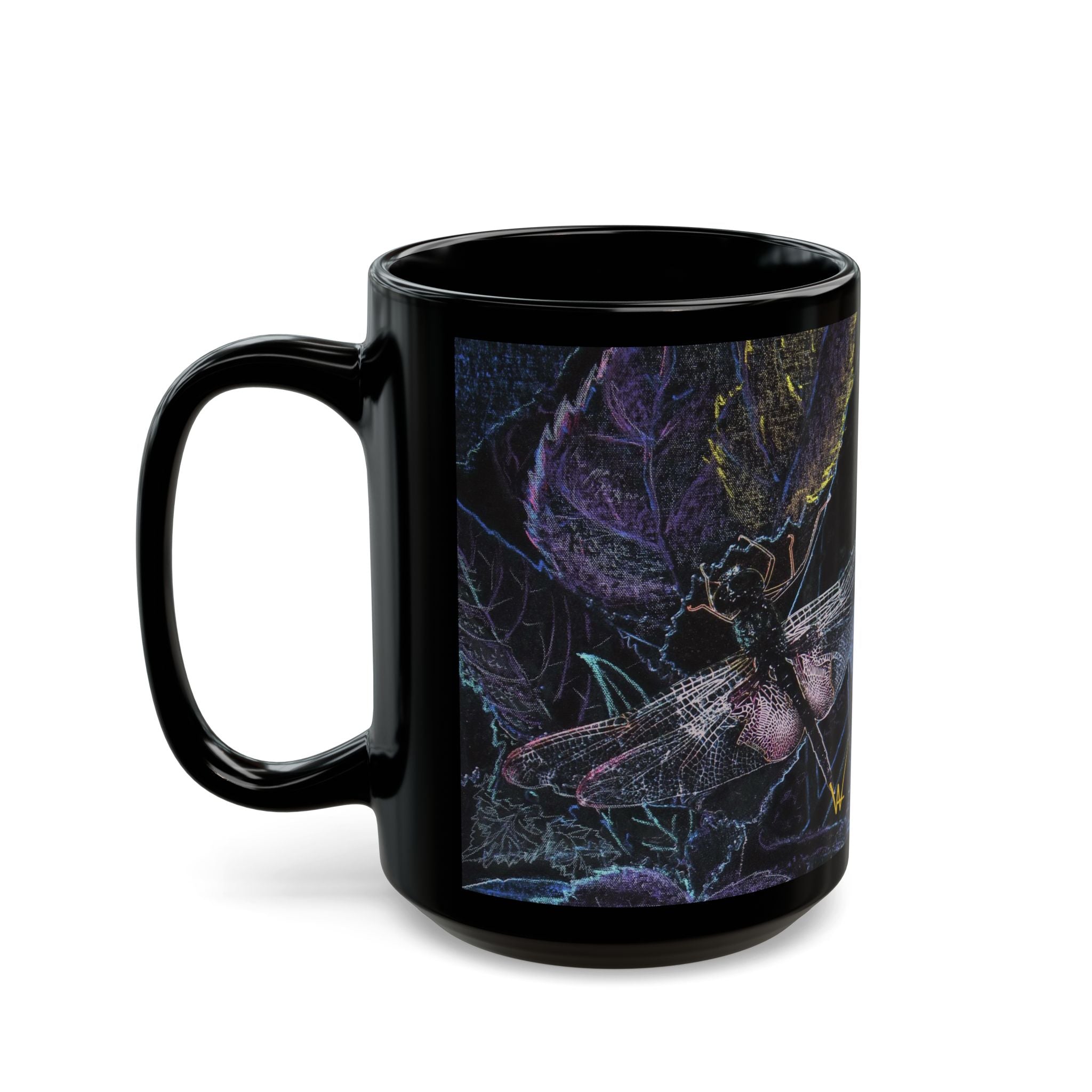 Black mug with a dragonfly design on a white background