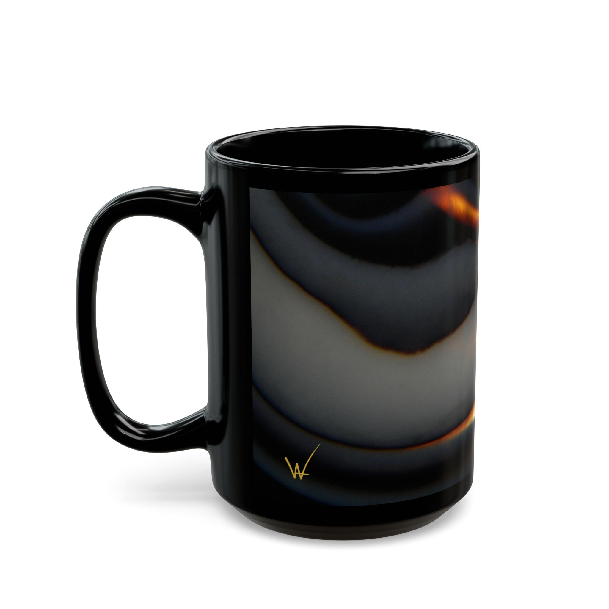 Black mug with abstract design on a black background