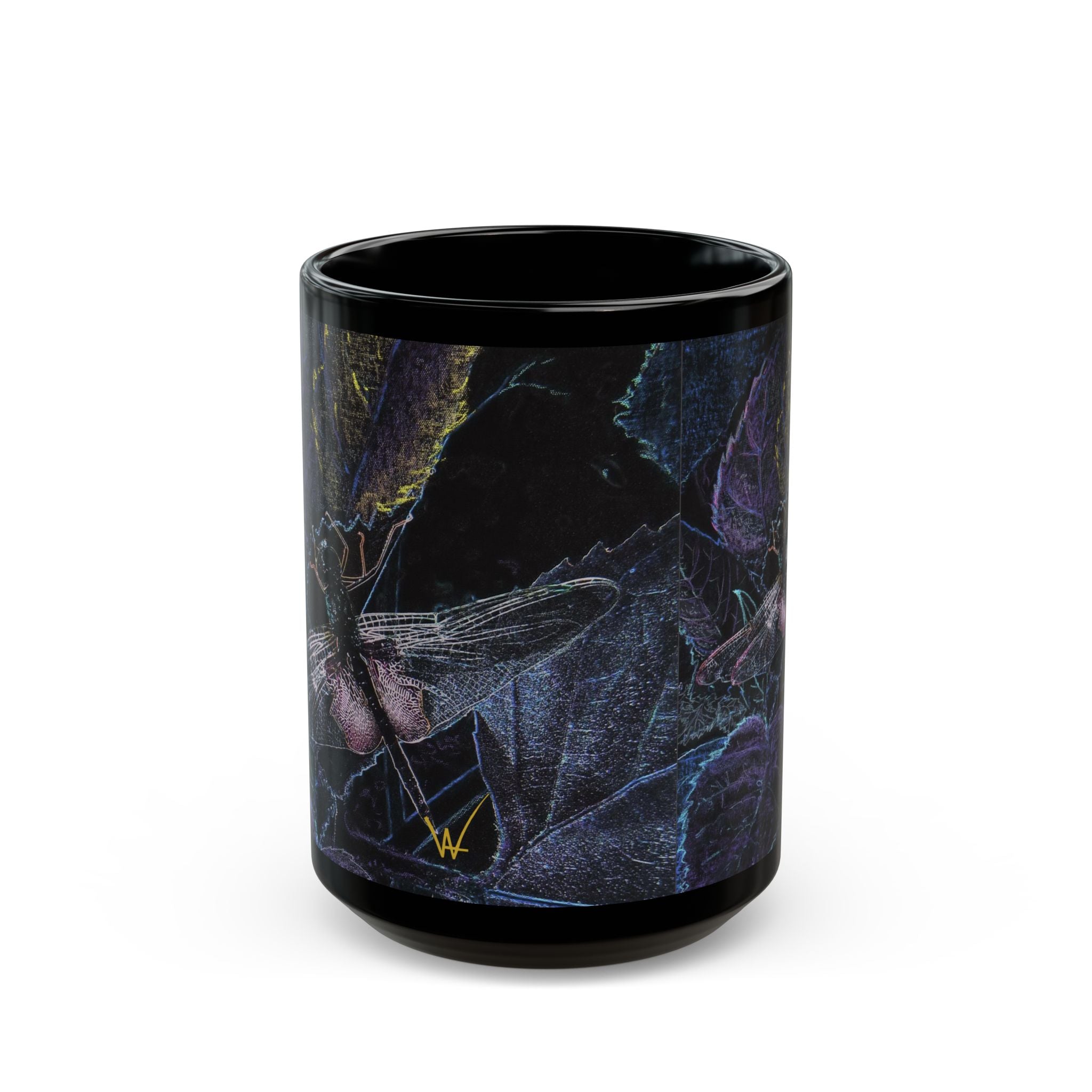Black mug with a dragonfly design on a white background