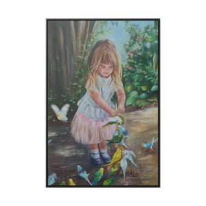 "Girl with birds"- Gallery Canvas Wraps, Vertical Frame Blue/Braun/Green