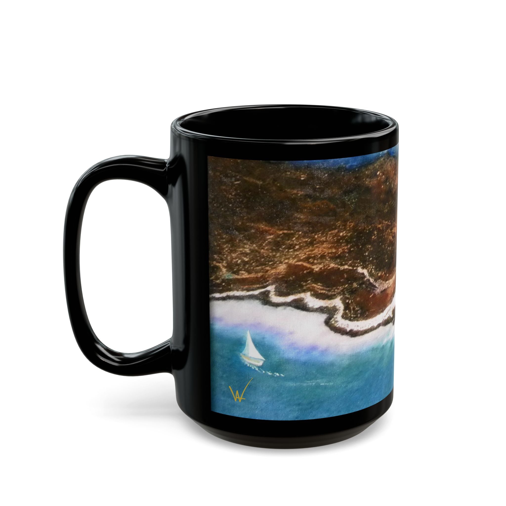 Black mug with a scenic design of a sailboat on a blue sea and brown land.