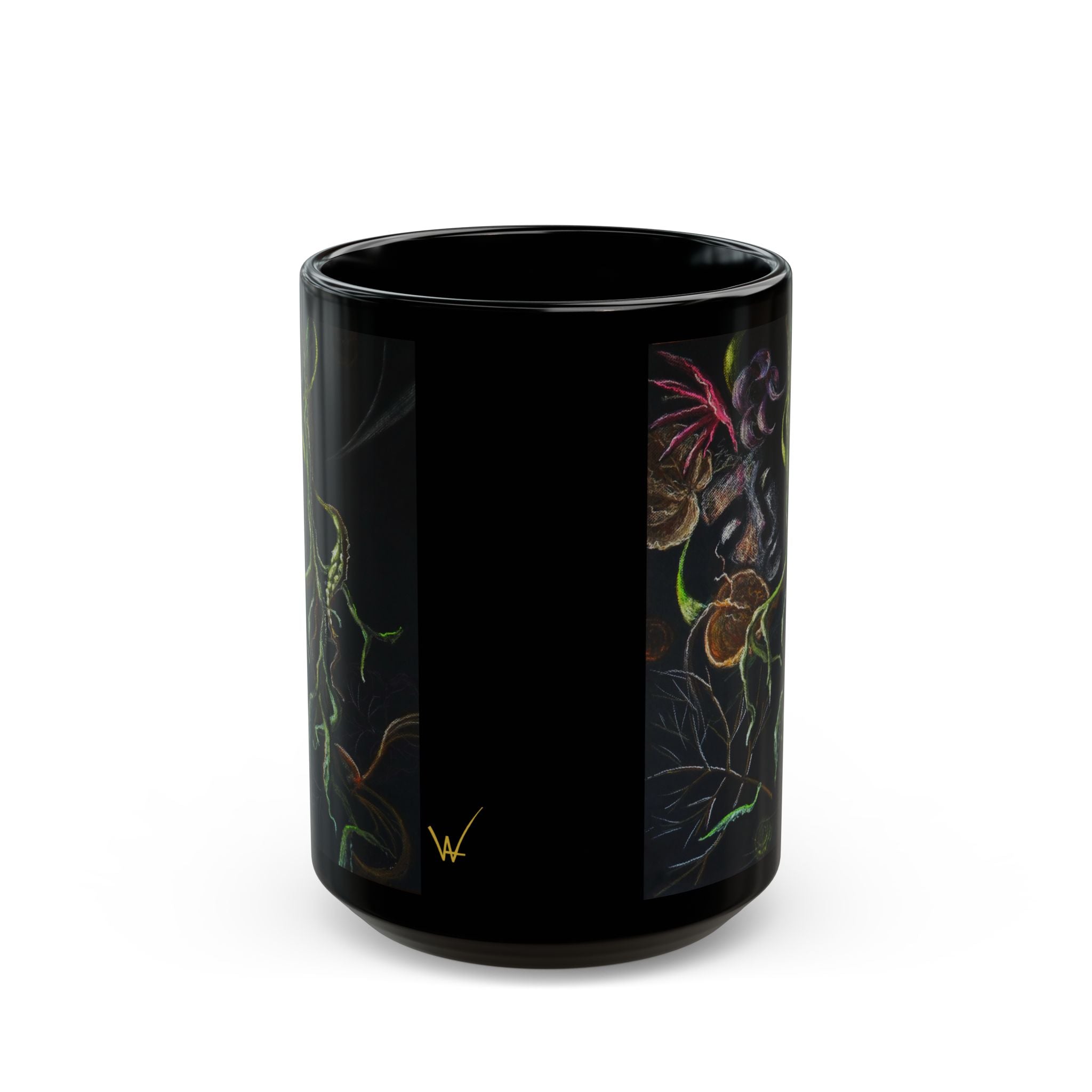 Black mug with artistic design of a face and roots on a black background