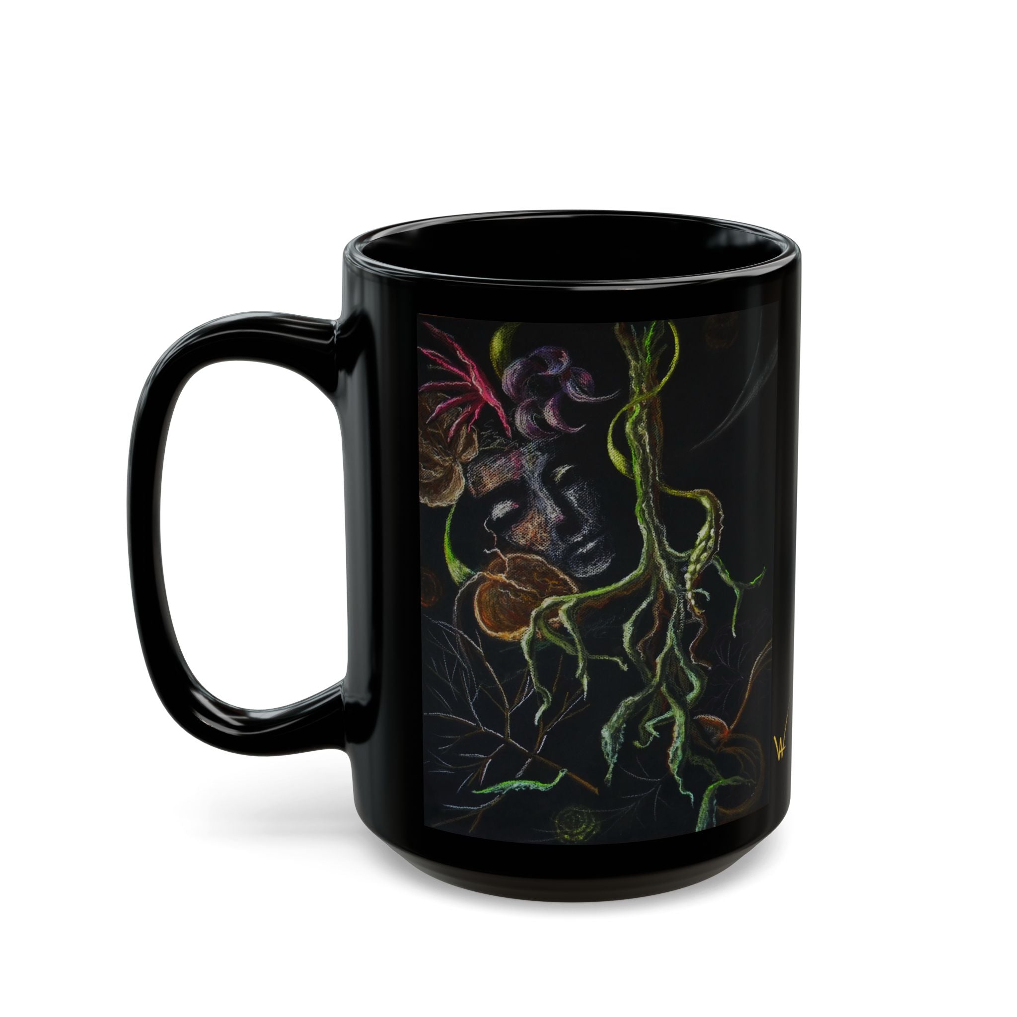 Black mug with artistic design of a face and roots on a black background