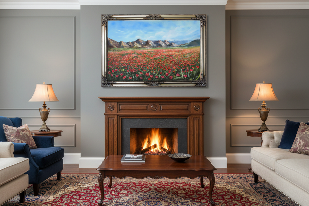 Silent Symphony in Red — Above Fireplace on Gray Walls