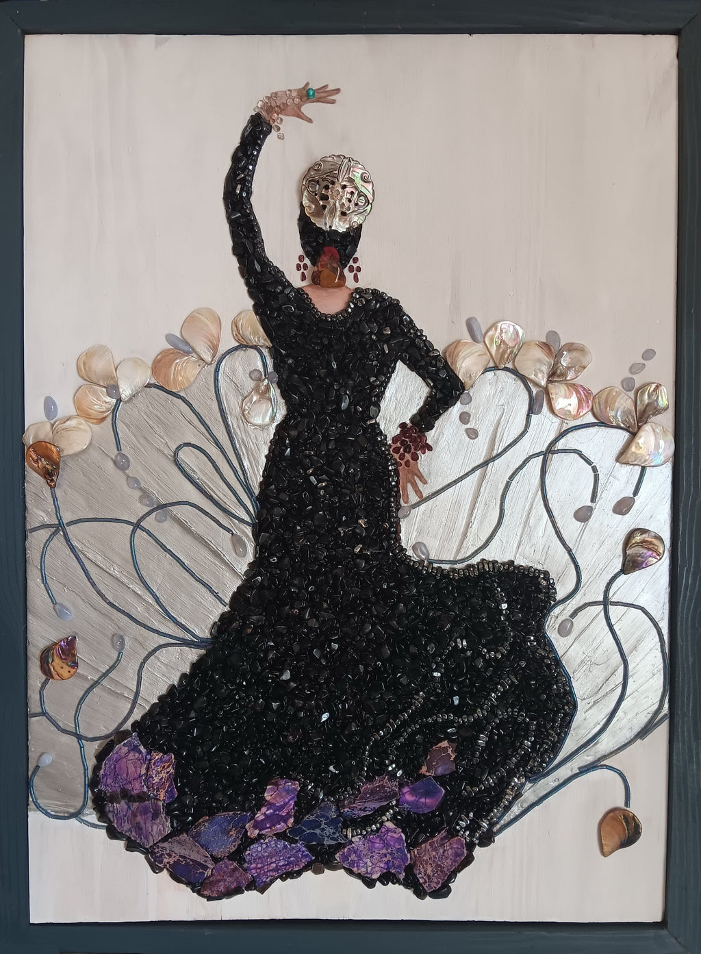 Artistic depiction of a figure in a black dress with floral and decorative elements.