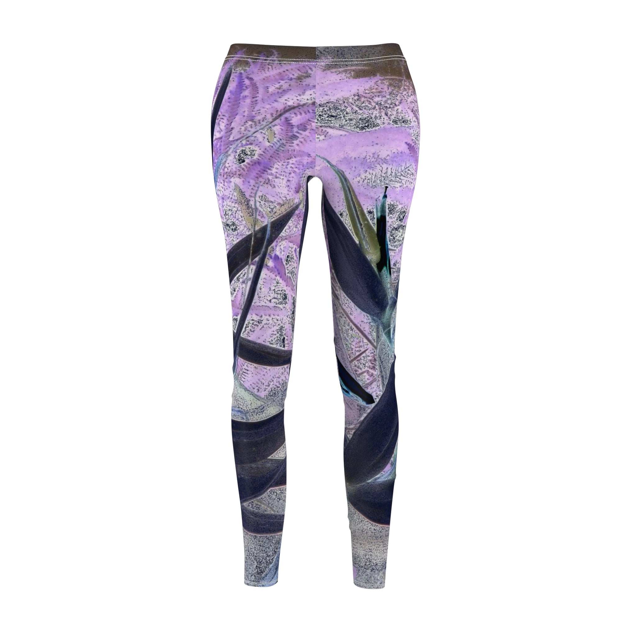 Leggings with a purple and black abstract pattern on a white background