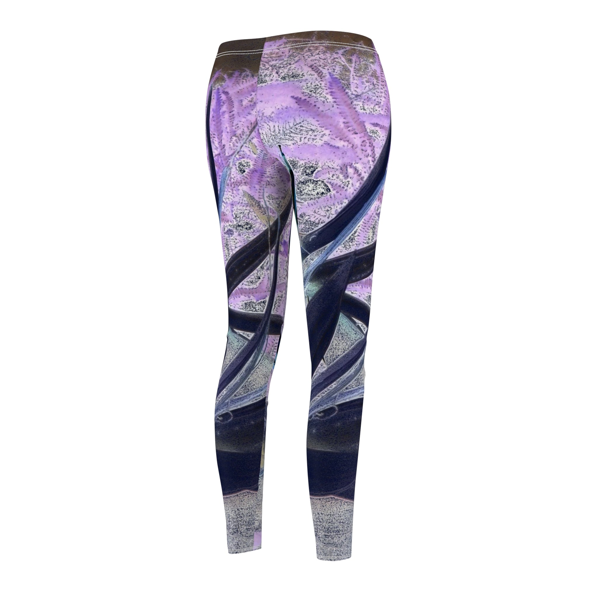 Leggings with a purple and blue abstract pattern on a white background