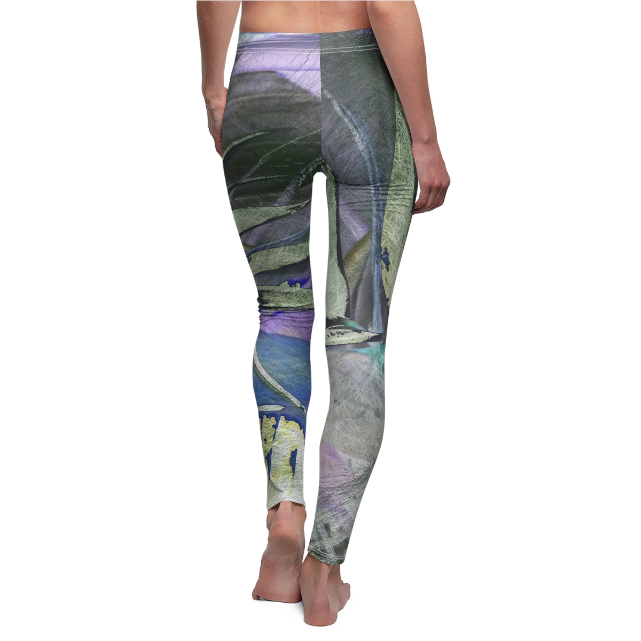 Leggings with a nature-themed design on a white background