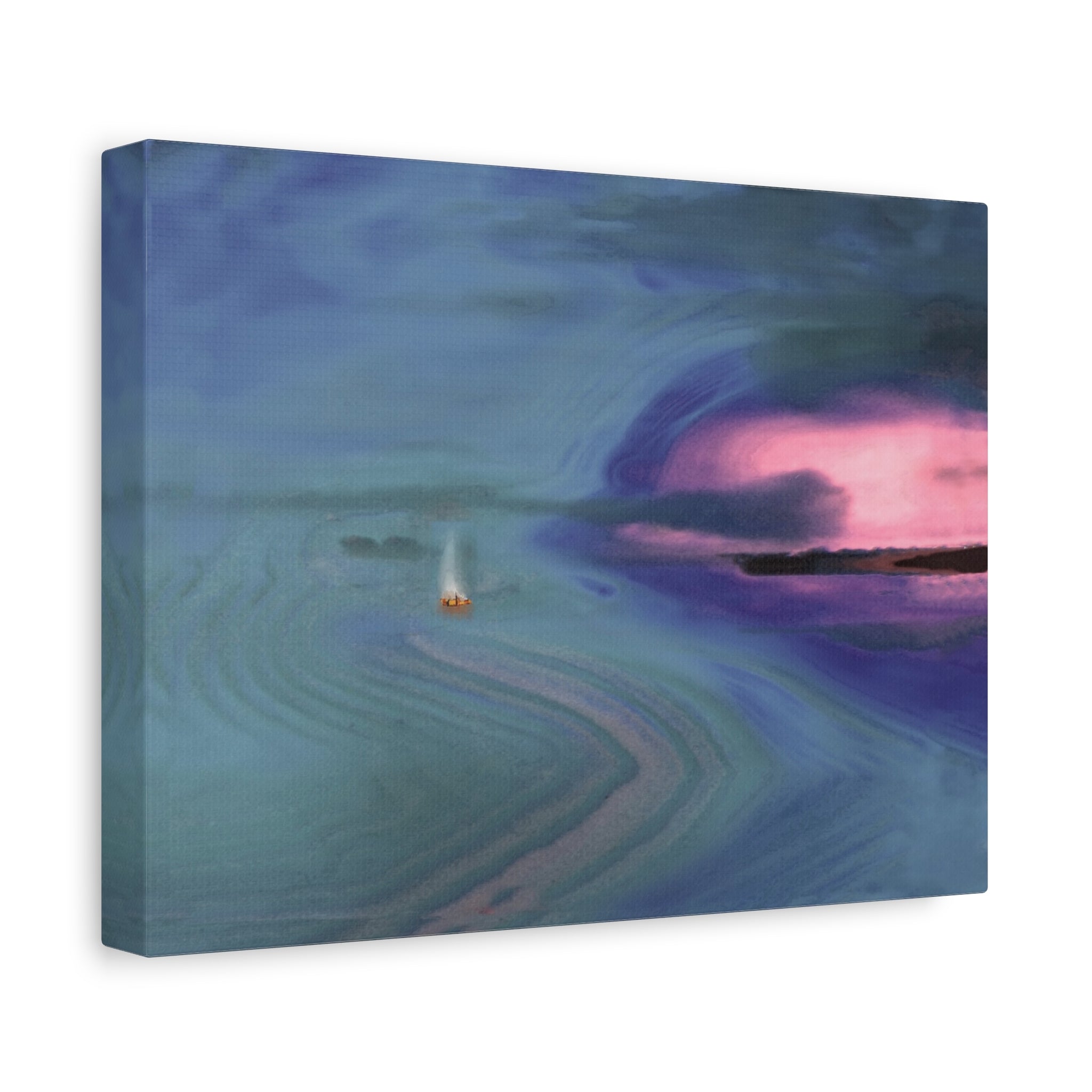 Canvas print of a lighthouse on a beach with a purple and pink sky.