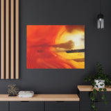 Abstract artwork with warm colors on a dark wall above a wooden shelf.