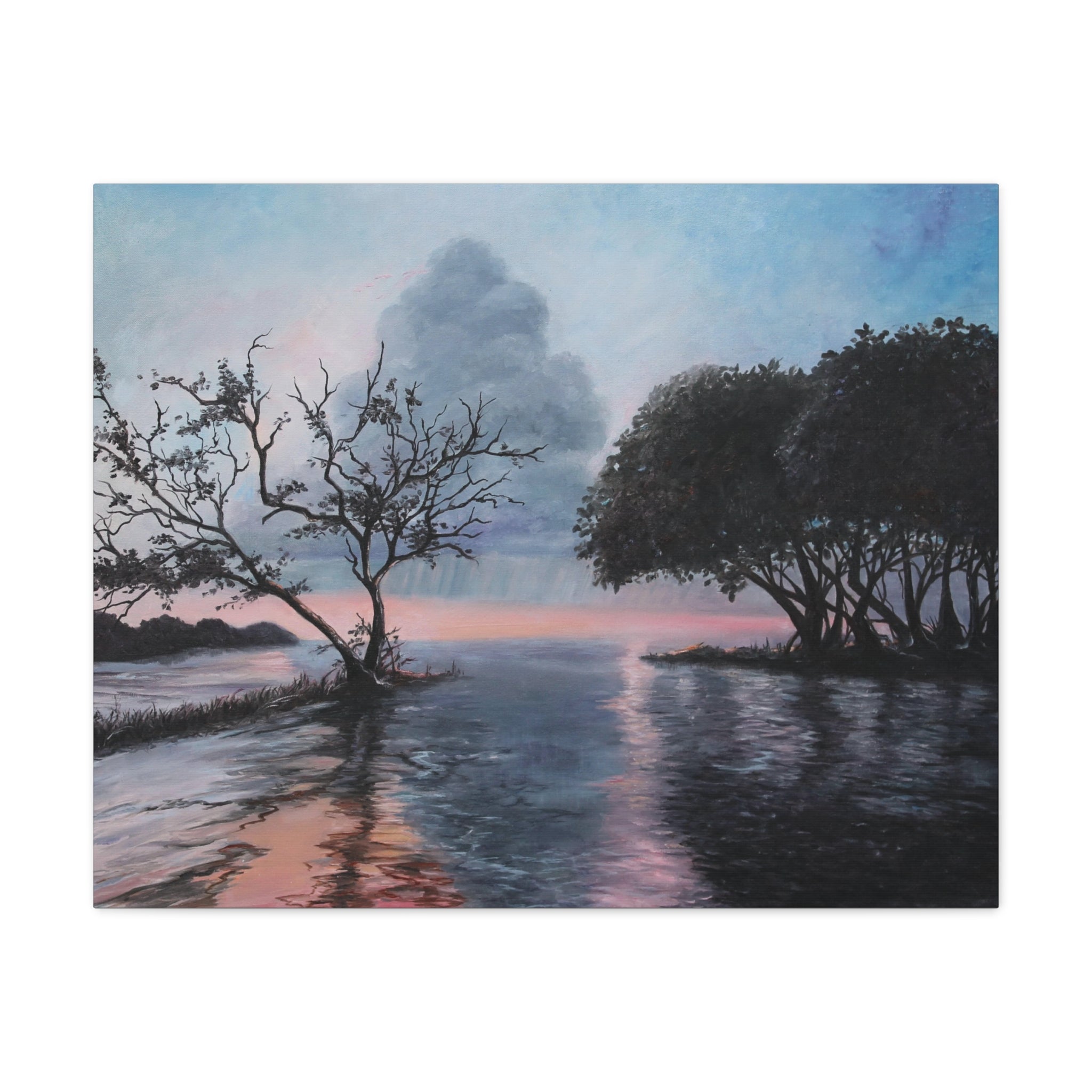 Painting of a serene landscape with trees by a body of water at sunset.