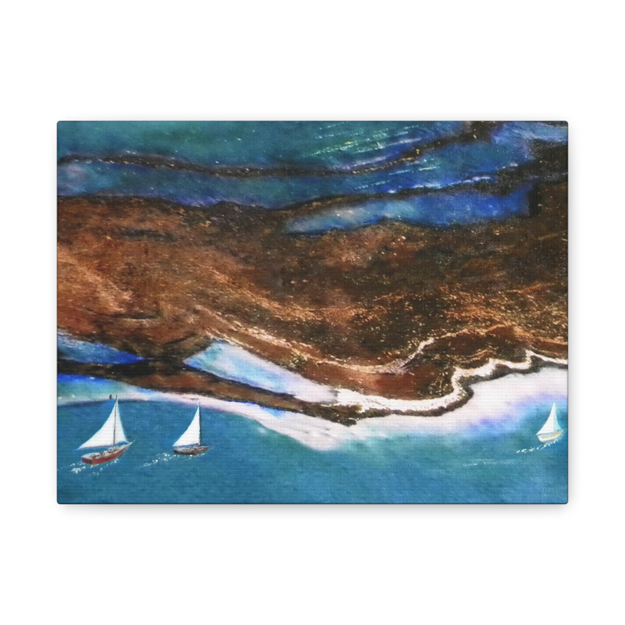 Artistic depiction of a landscape with sailboats on a blue ocean and brown land.