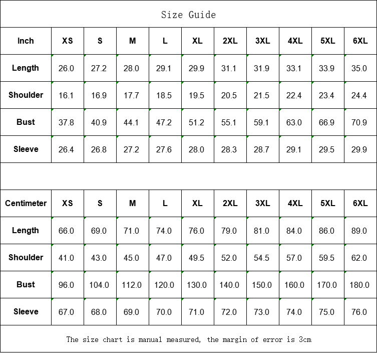 Size chart for clothing measurements in inches and centimeters