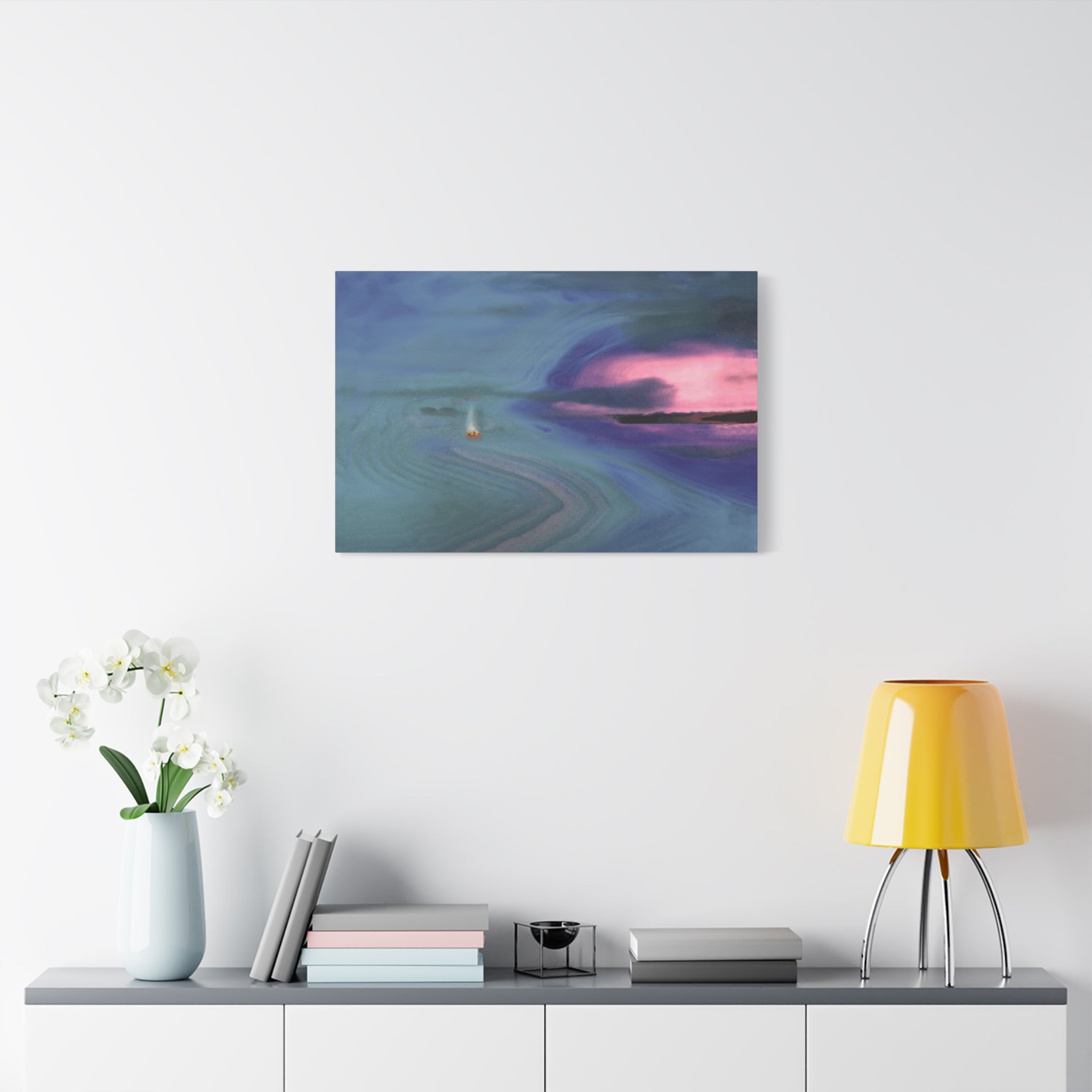 Abstract painting on a wall above a shelf with decor items