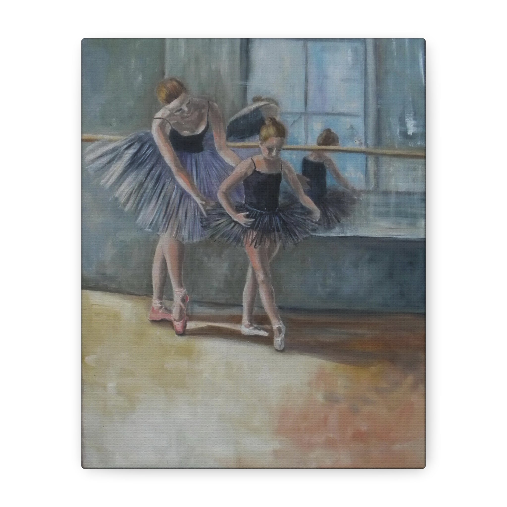 Painting of ballerinas in tutus practicing ballet in a studio.