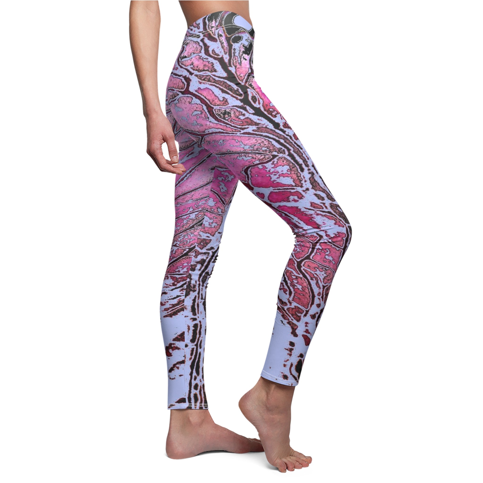 Leggings with a pink and purple abstract pattern on a white background