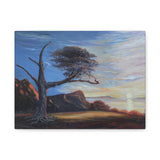 Painting of a landscape with a lone tree, mountains, and a sunset.