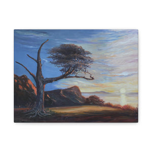 Painting of a landscape with a lone tree, mountains, and a sunset.