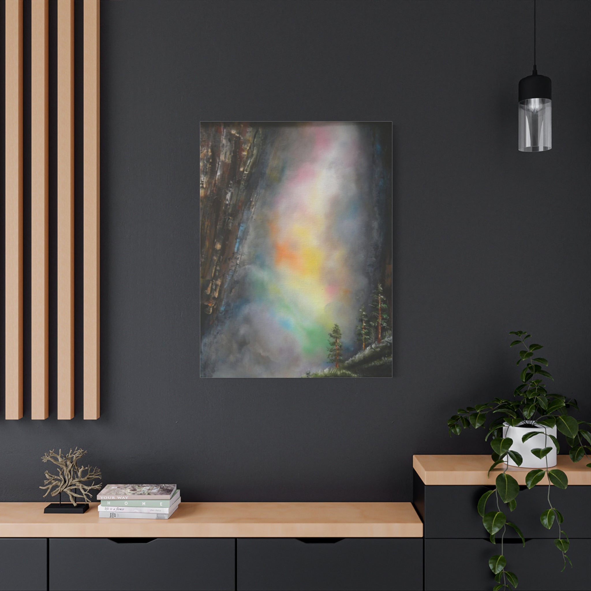 A canvas print featuring a mystical waterfall with a colorful, abstract mist in the foreground and a dark, rugged cliff in the background.