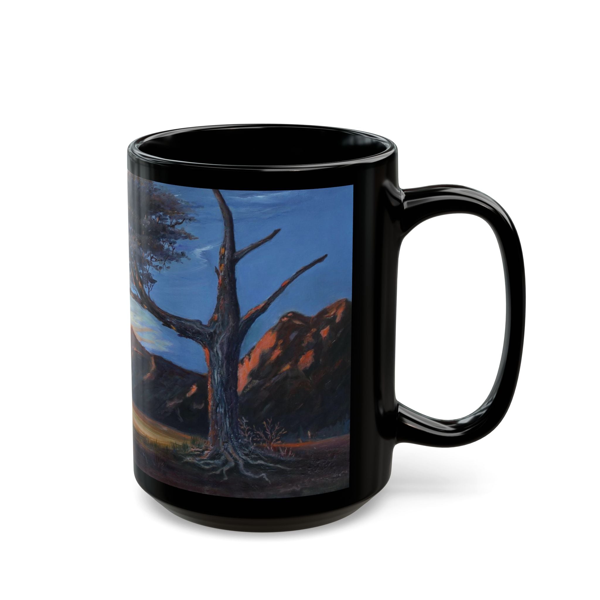 Scenic Black Mug - Artistic Tree Landscape Coffee Cup for Nature Lovers, Gift for Birthdays, Home Decor, Relaxation, Outdoor Enthusiasts