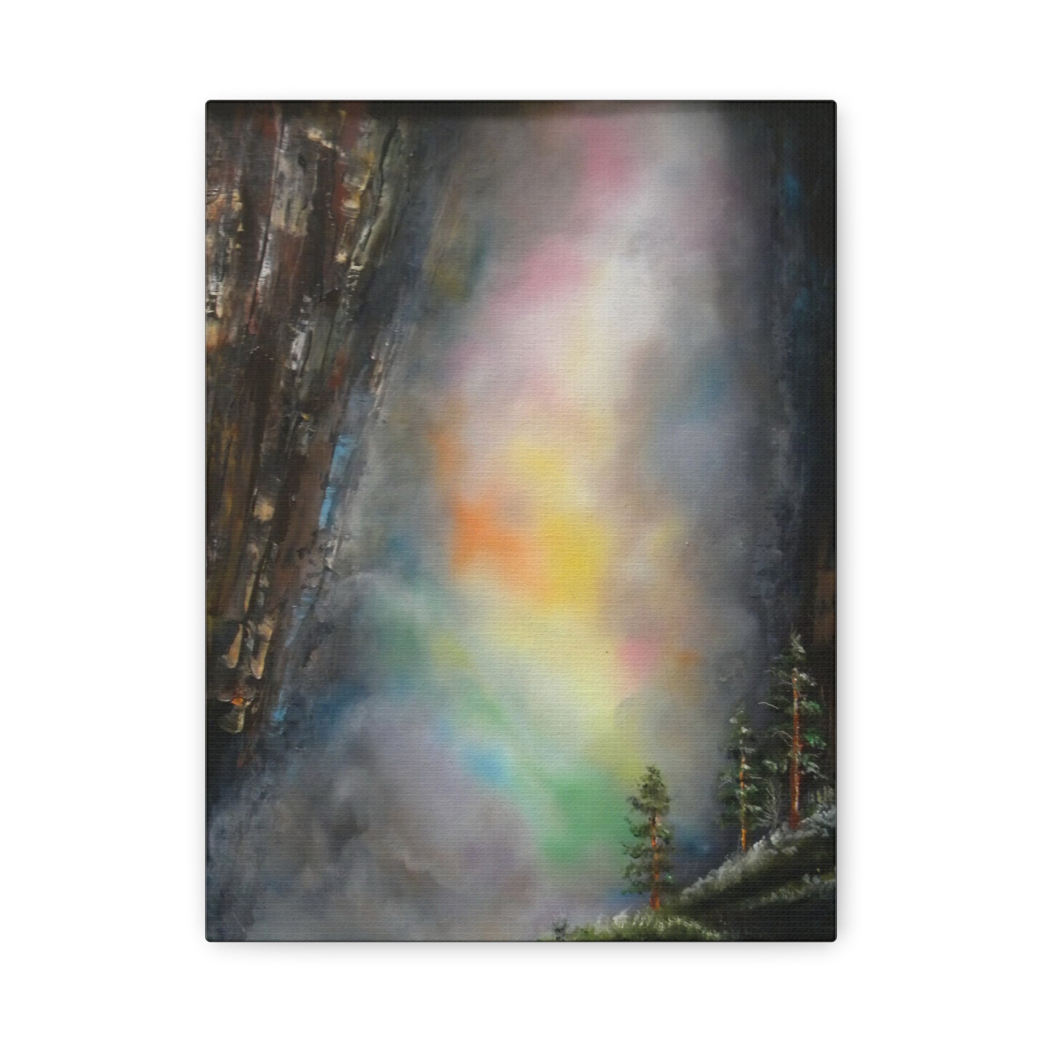A canvas print featuring a mystical waterfall with a colorful, abstract mist in the foreground and a dark, rugged cliff in the background.