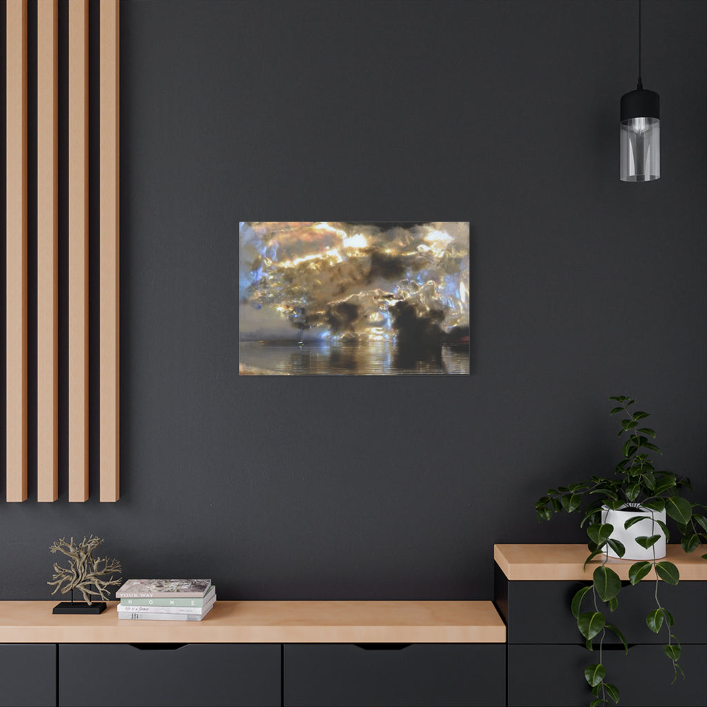 Abstract painting on a dark wall with wooden shelves and decor.