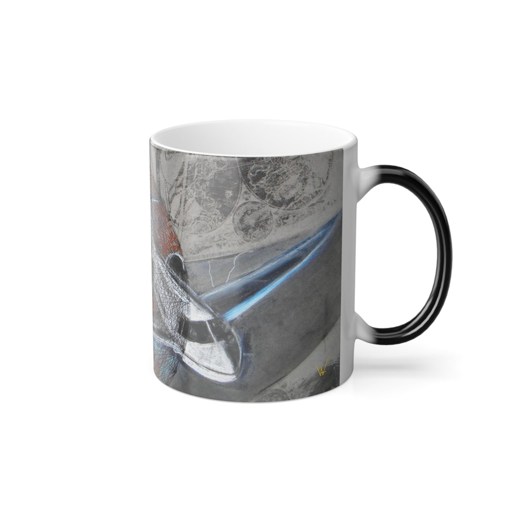 Mug with a black handle featuring a design of a airplane on a gray background.