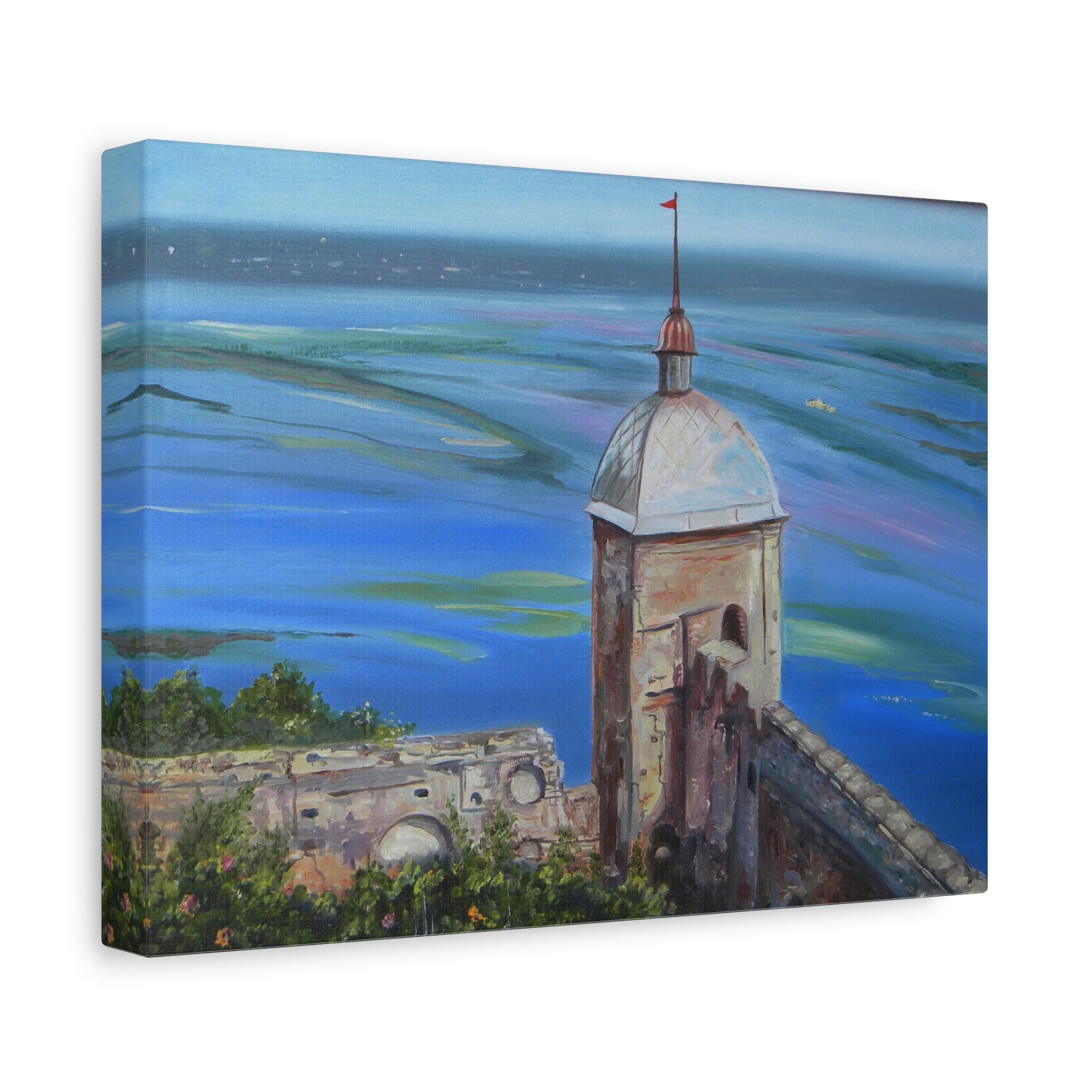 Canvas print of a scenic painting with a tower and landscape.