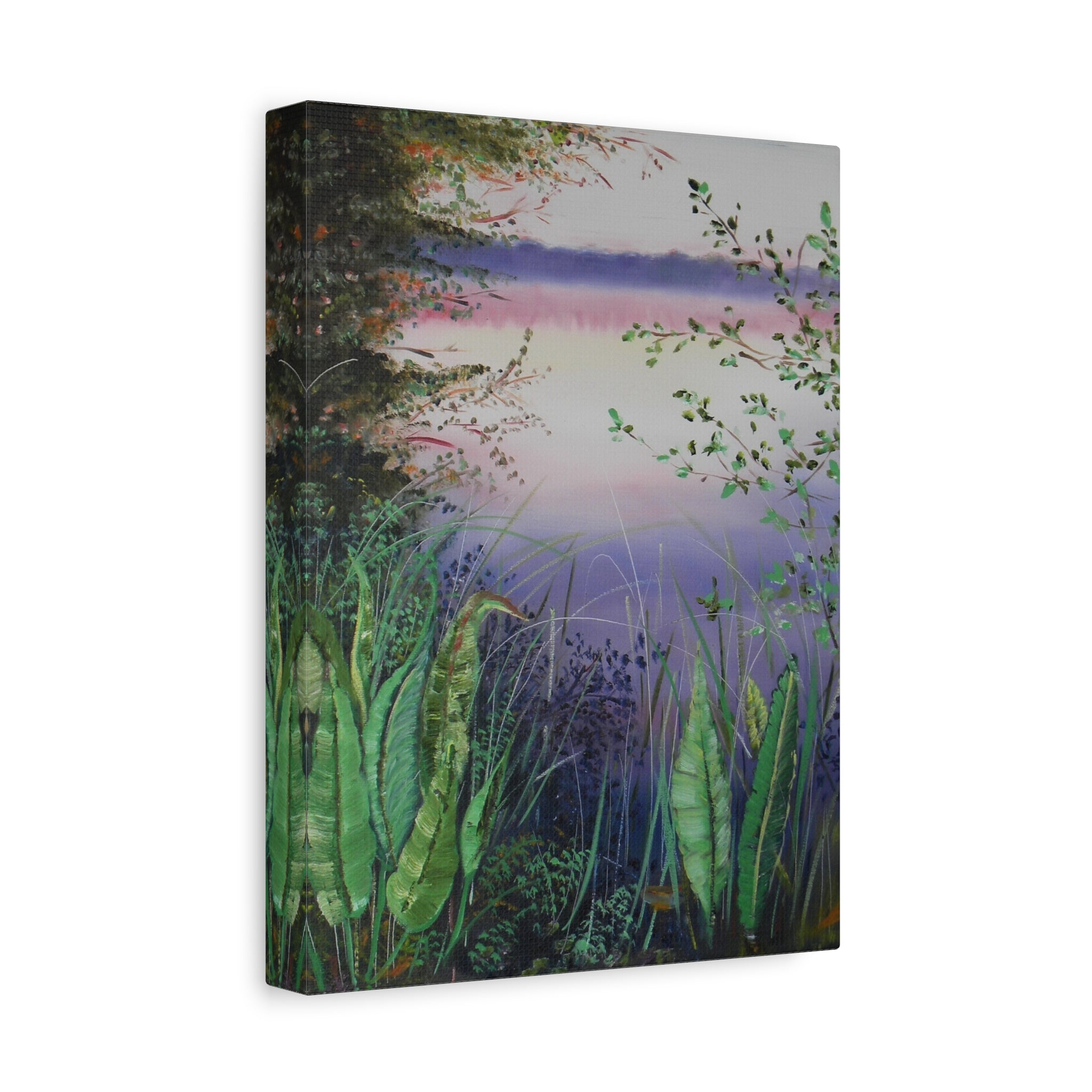 Canvas print of a nature scene with plants and a landscape.