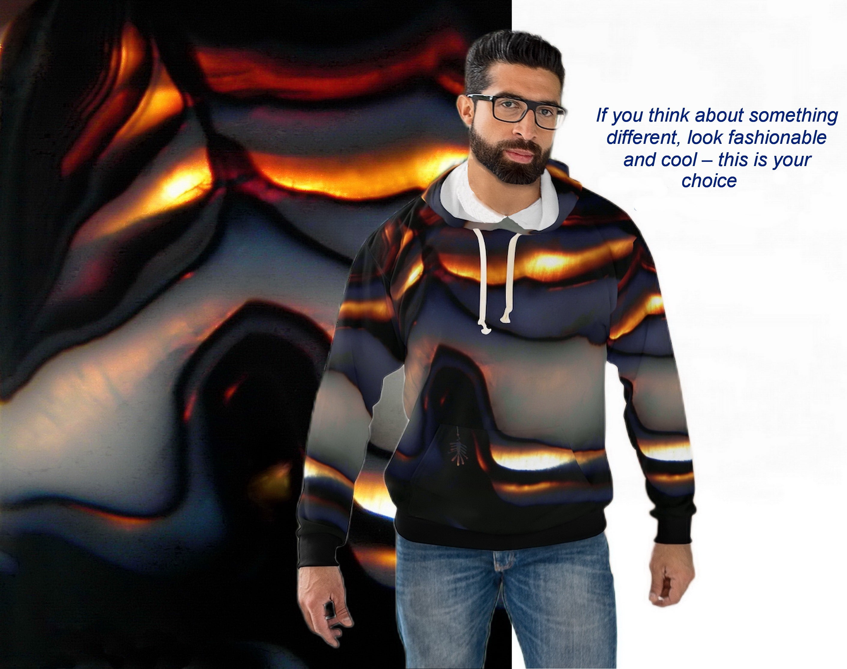 Man wearing a colorful hoodie with abstract design, standing against a dark background.