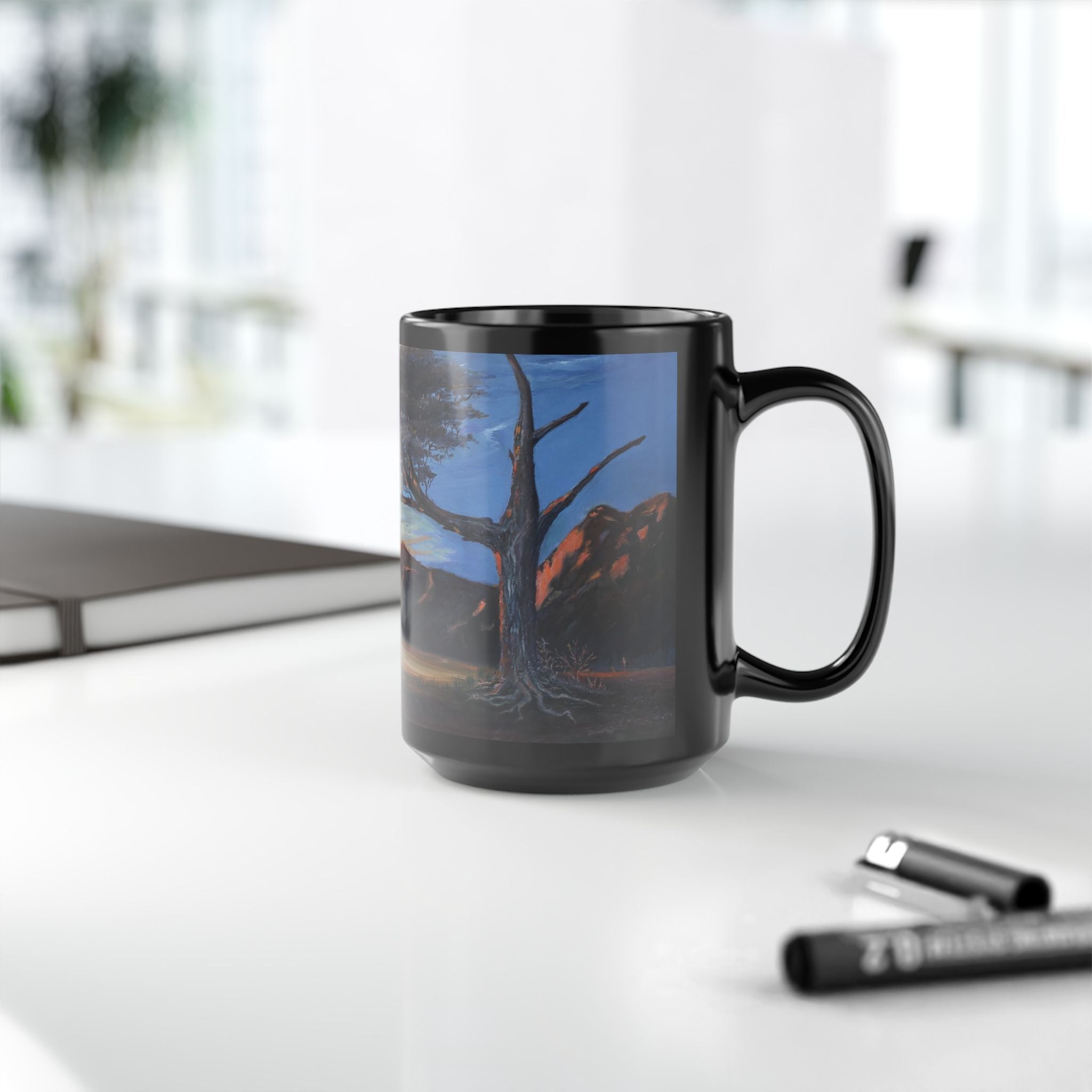 Scenic Black Mug - Artistic Tree Landscape Coffee Cup for Nature Lovers, Gift for Birthdays, Home Decor, Relaxation, Outdoor Enthusiasts