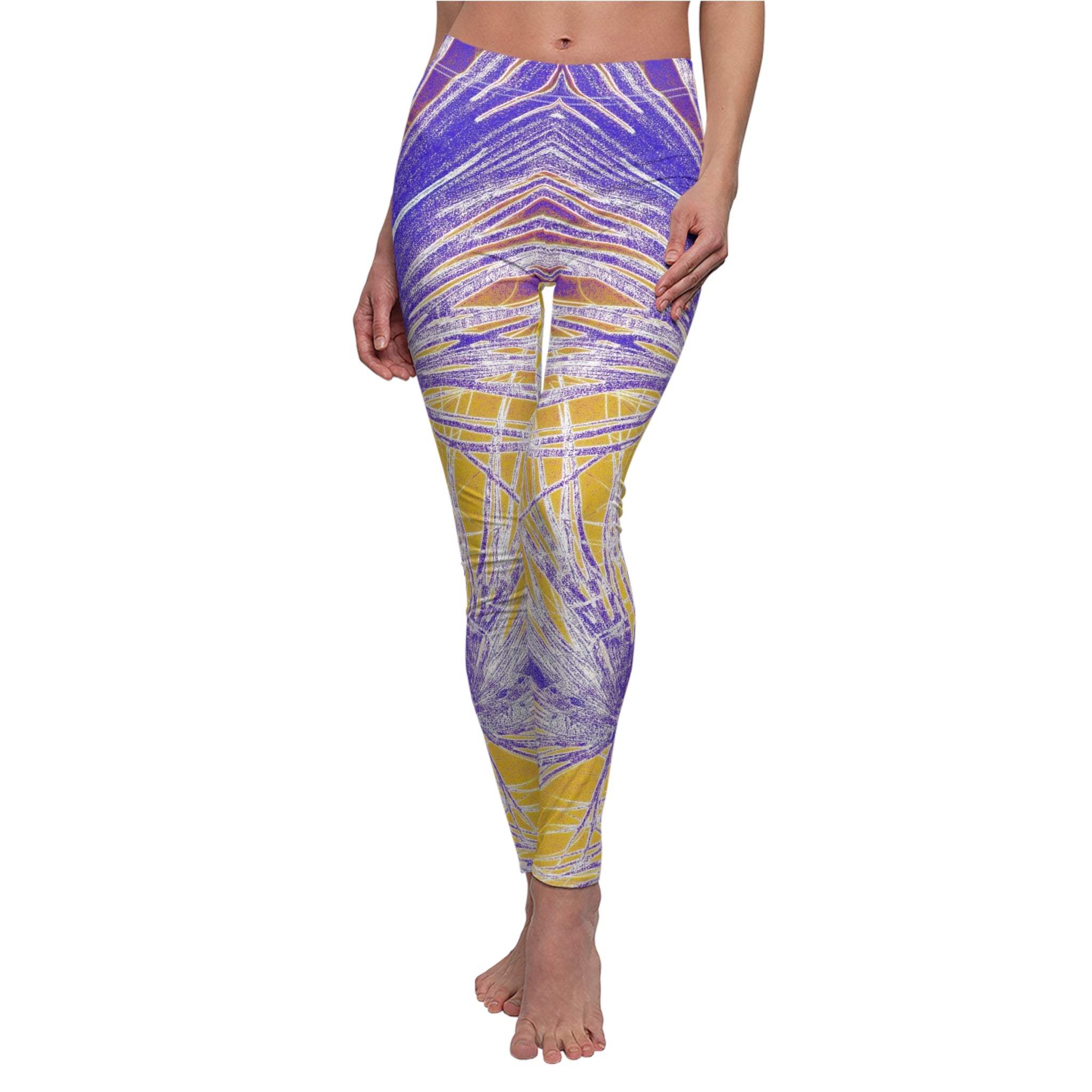 Purple and yellow patterned leggings worn by a person on a white background