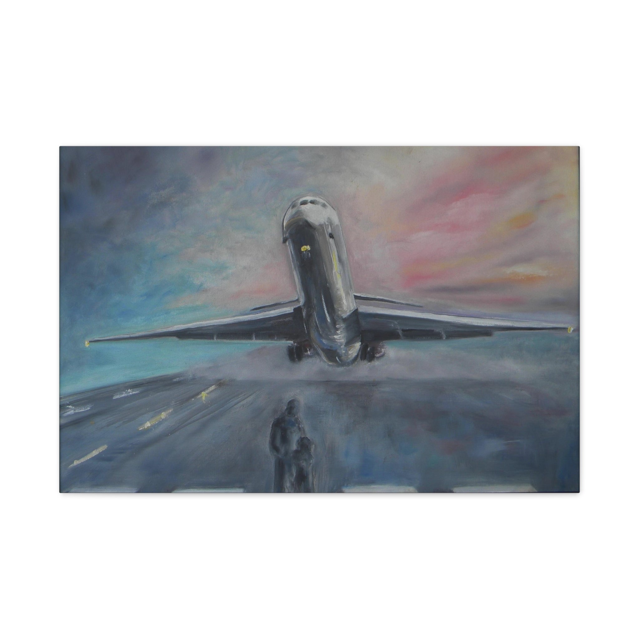 Painting of an airplane taking off with a colorful sky