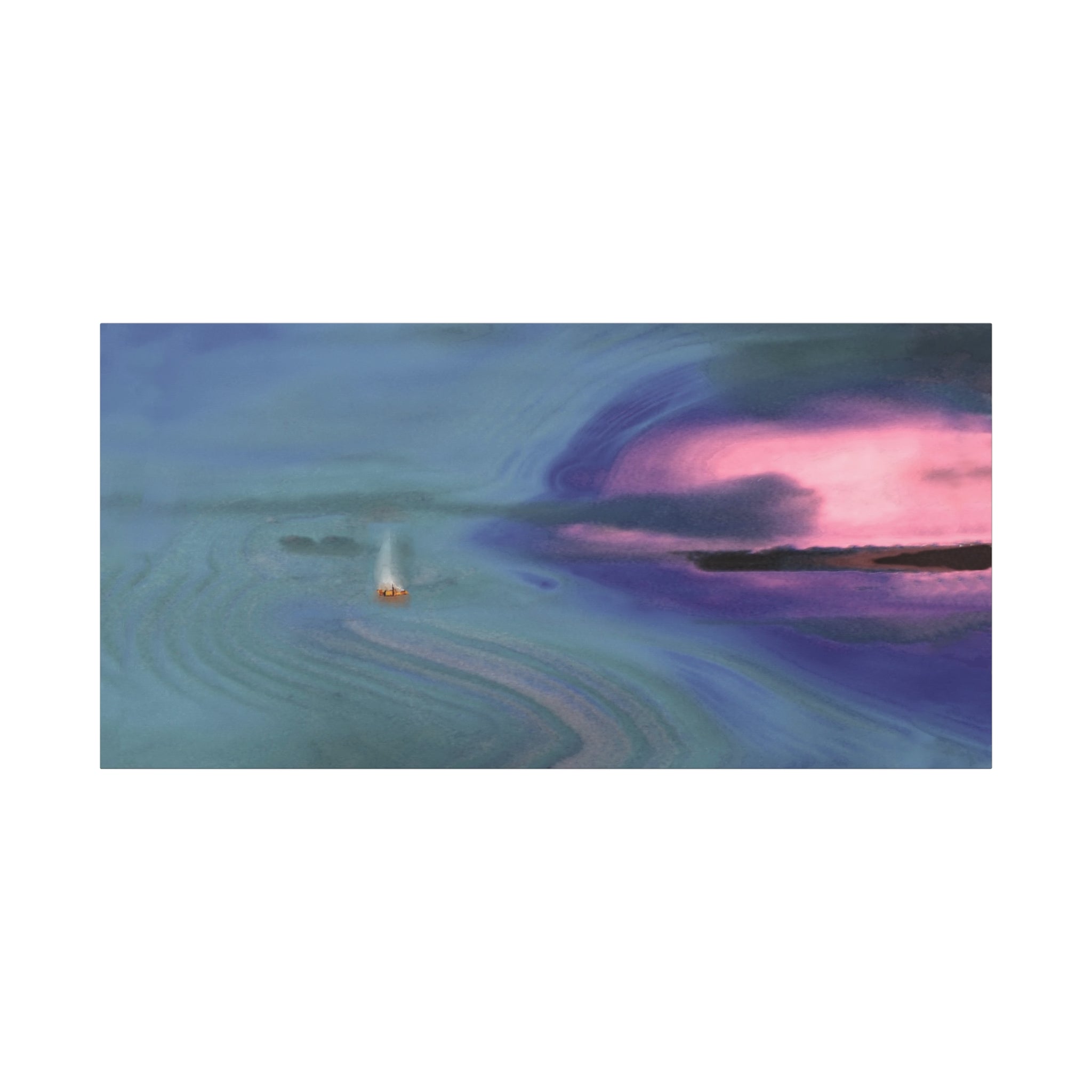 Artistic depiction of a boat on water with a colorful sky