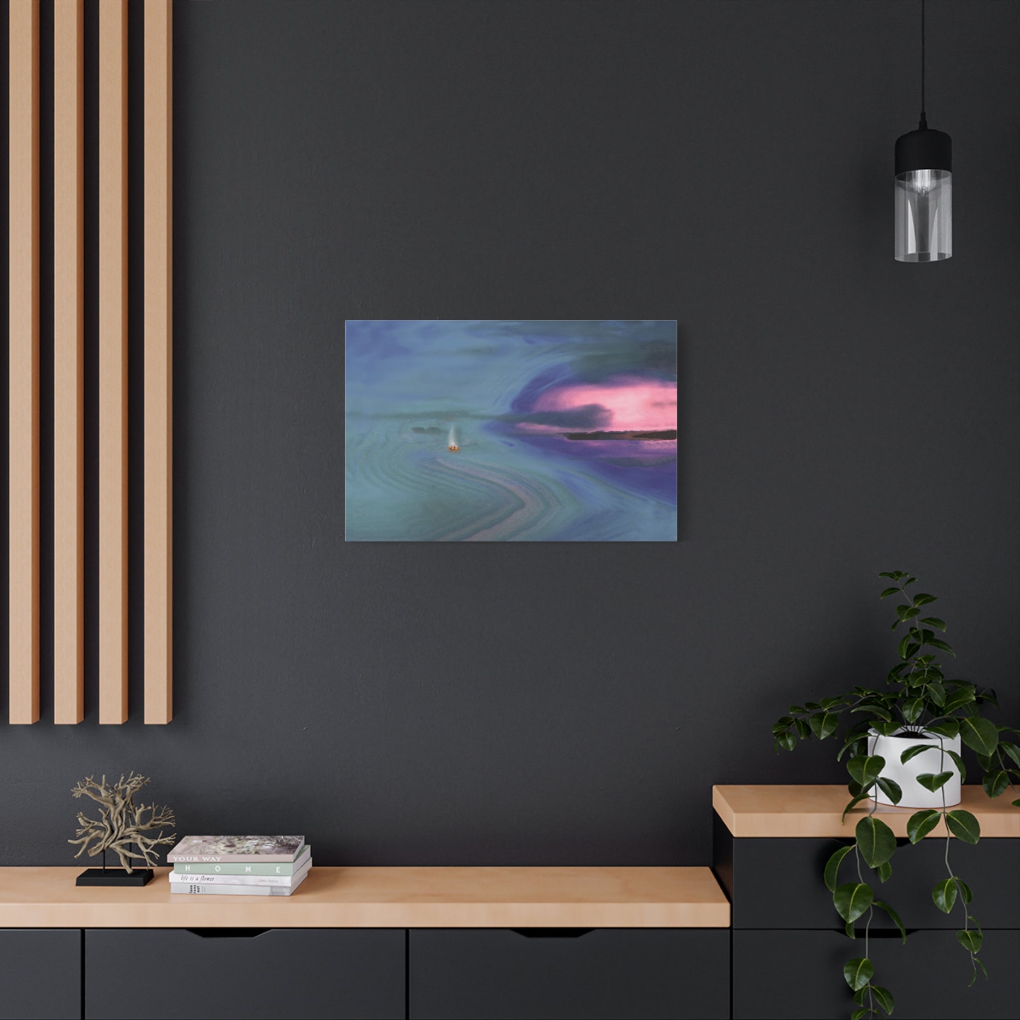 Abstract painting on a dark wall with wooden shelves and decor.