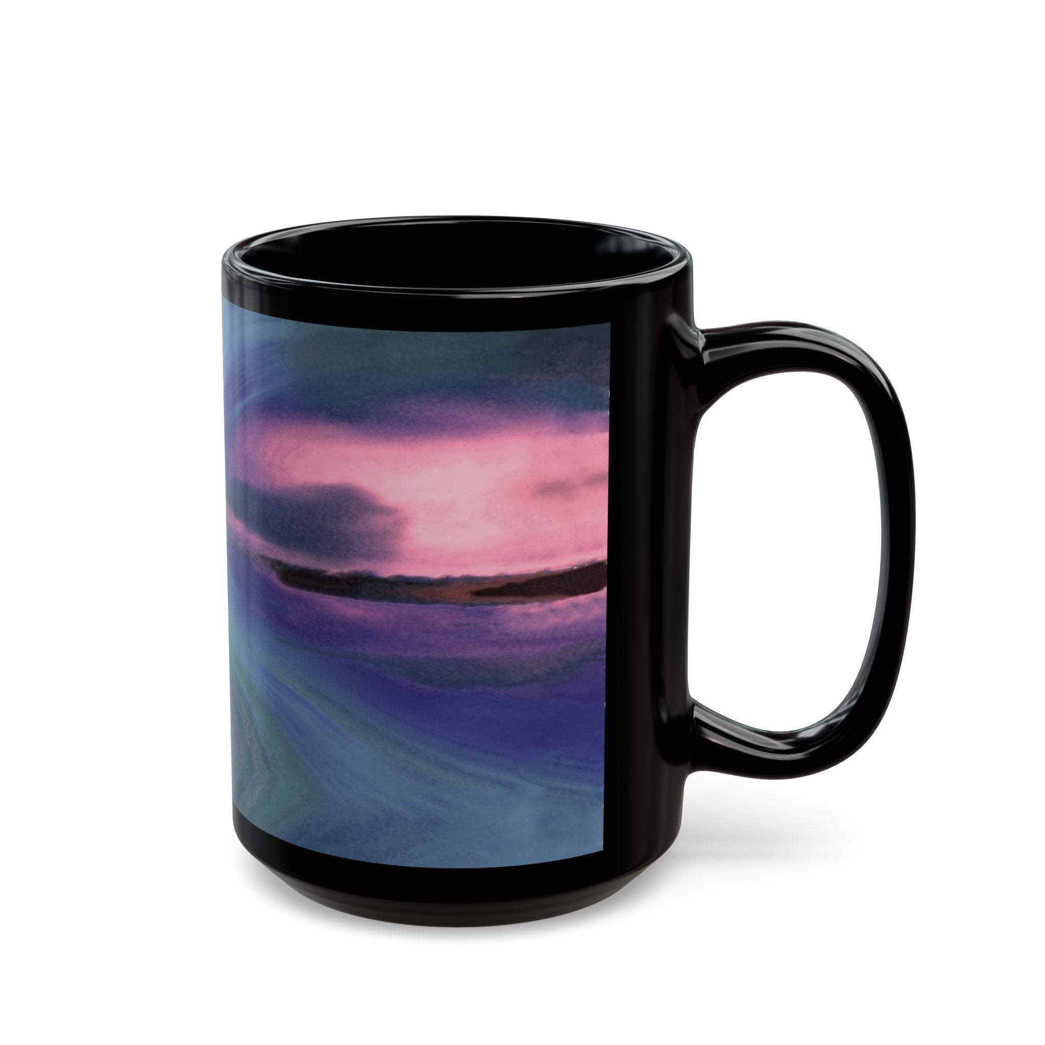 Black mug with a scenic design of a sunset over water 