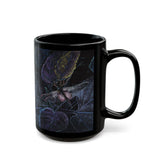 Black mug with a dragonfly design on a white background