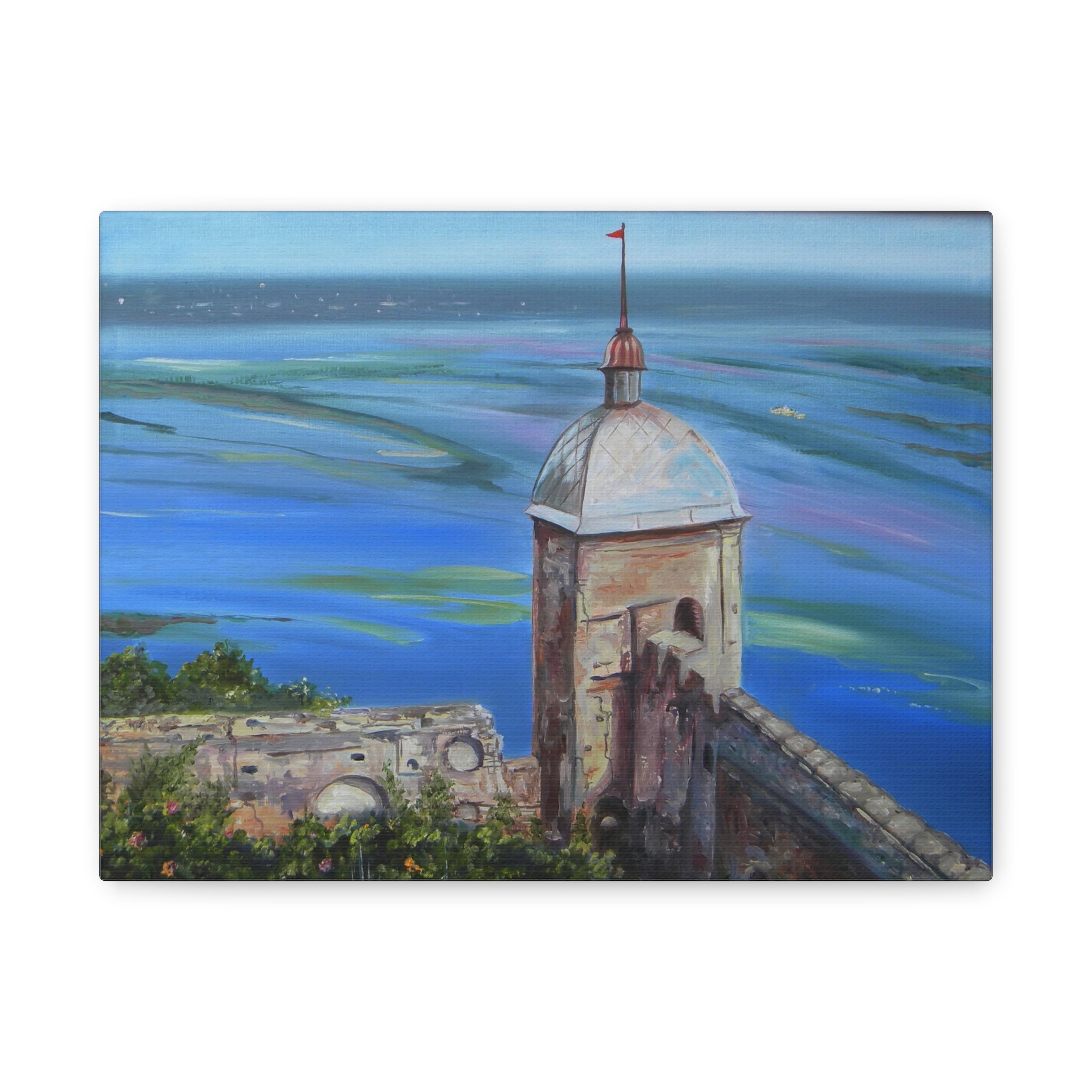 Painting of a tower with a scenic landscape in the background