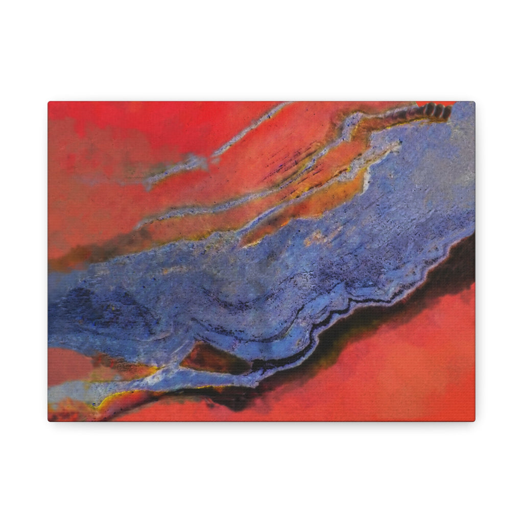 Abstract art piece with blue and red colors on a white background