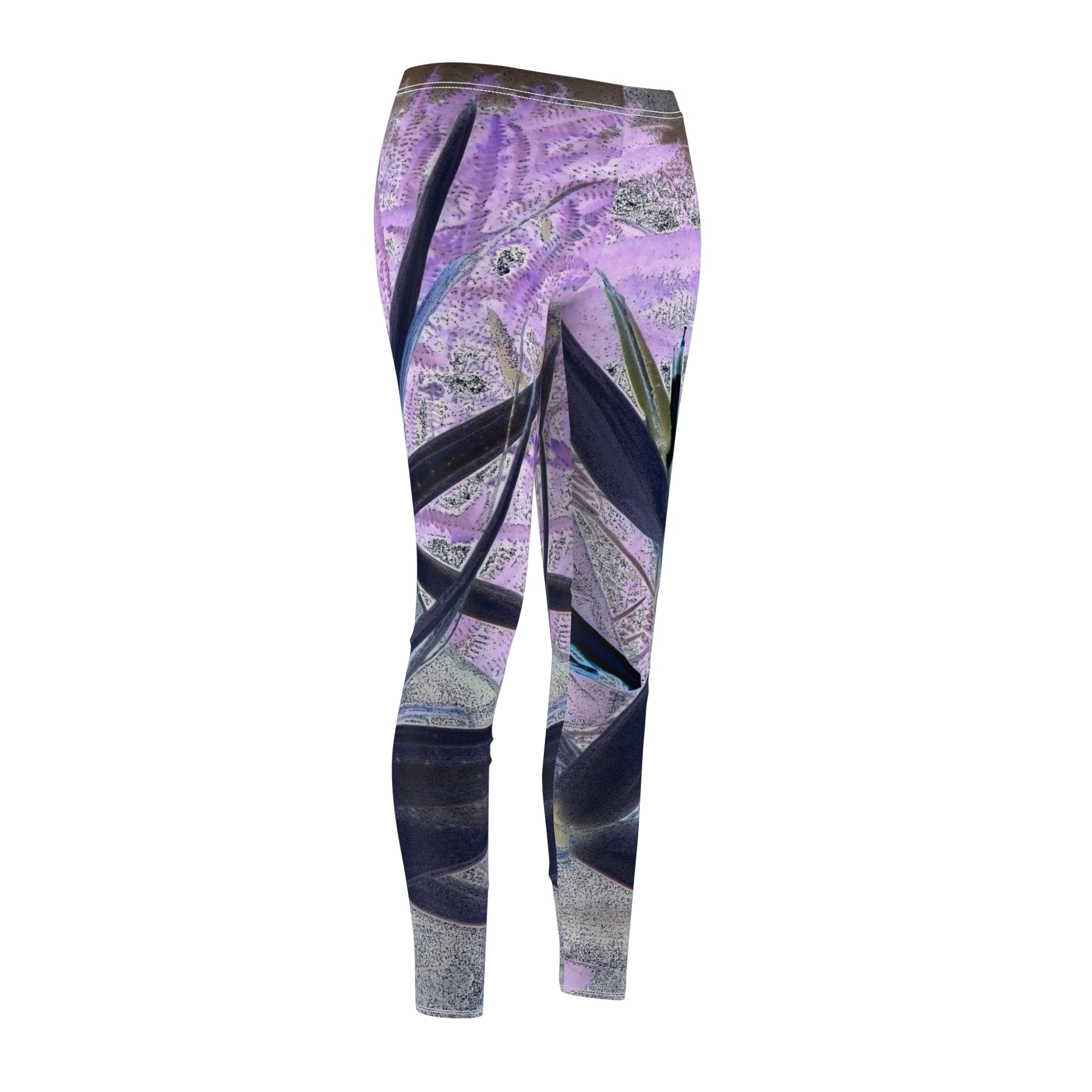 Leggings with a purple and black abstract pattern on a white background