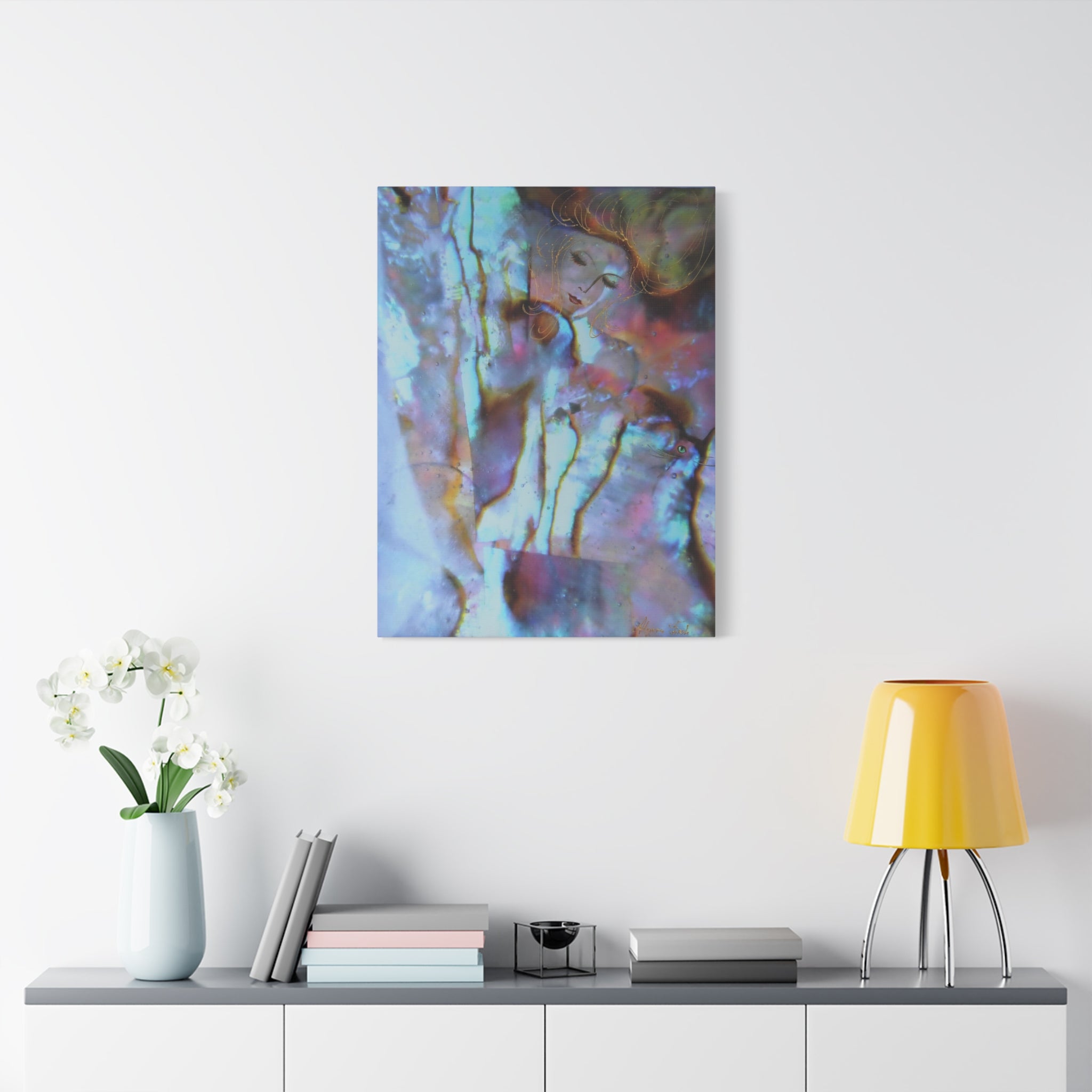 Abstract painting on a wall above a shelf with decor items