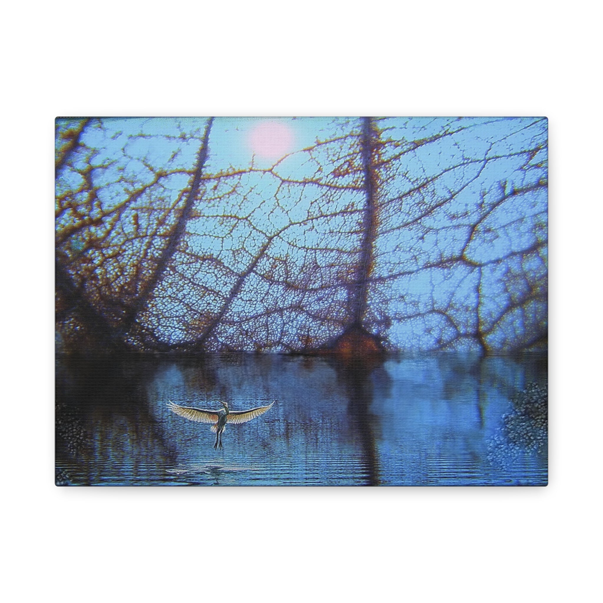 Bird flying over water with tree reflections in the sky