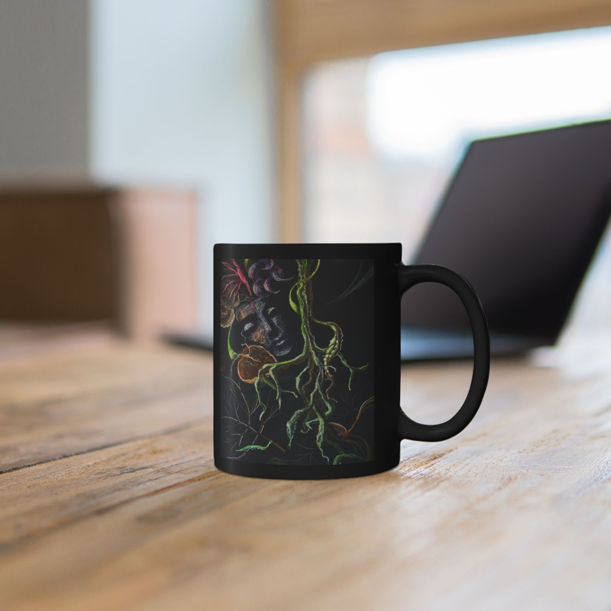 Artistic Black Mug with Floral Design, Botanical Coffee Cup, Unique Gift for Nature Lovers, Morning Tea Mug, Eco-Friendly Drinkware