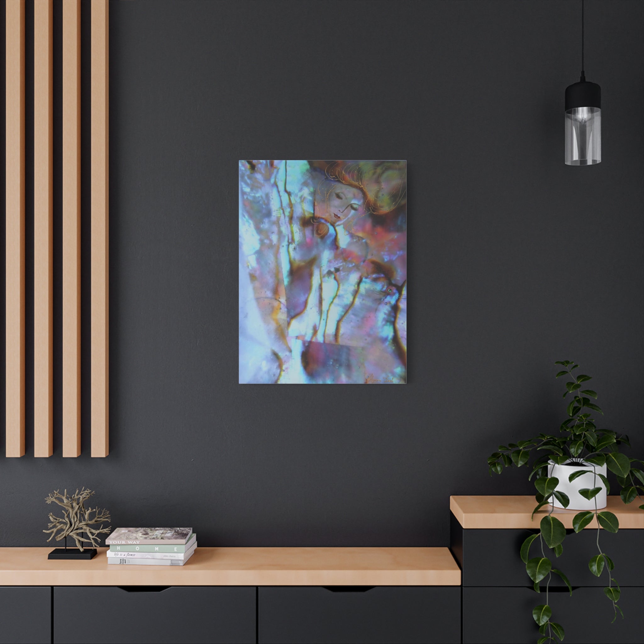 Abstract painting on a dark wall with wooden shelves and decor.
