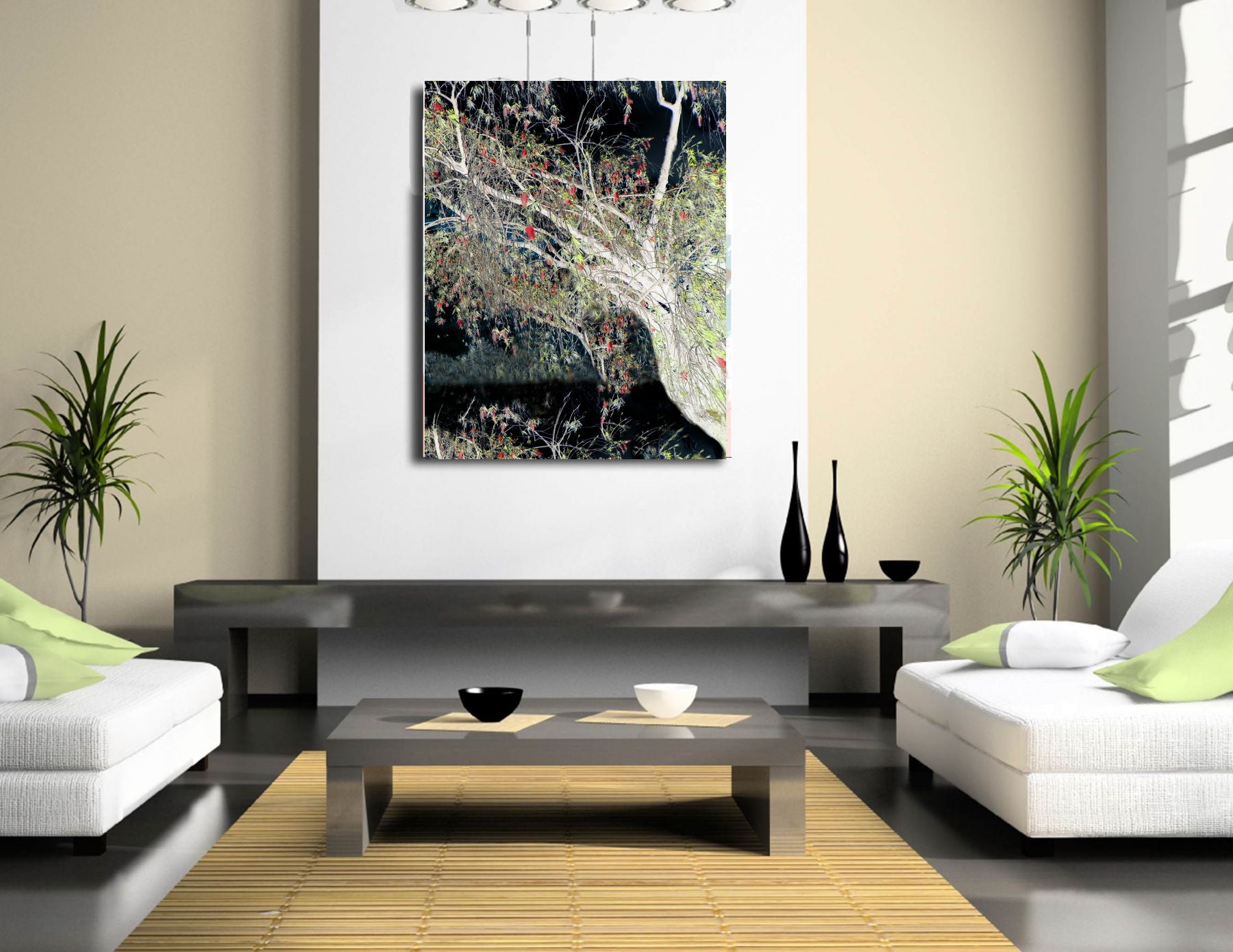 Modern living room with white furniture, a coffee table, and abstract painting on yellow wall 