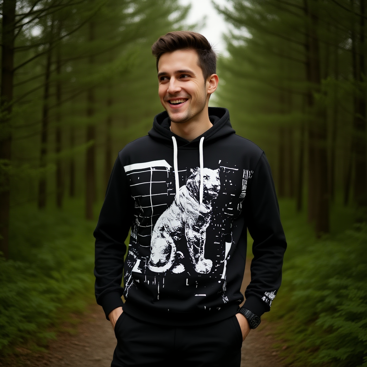 Man wearing a black hoodie with a white graphic of a cat in a forest