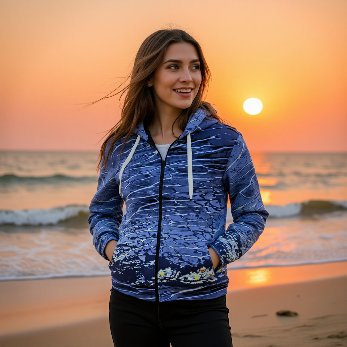 Woman wearing a blue patterned hoodie on a beach at sunset