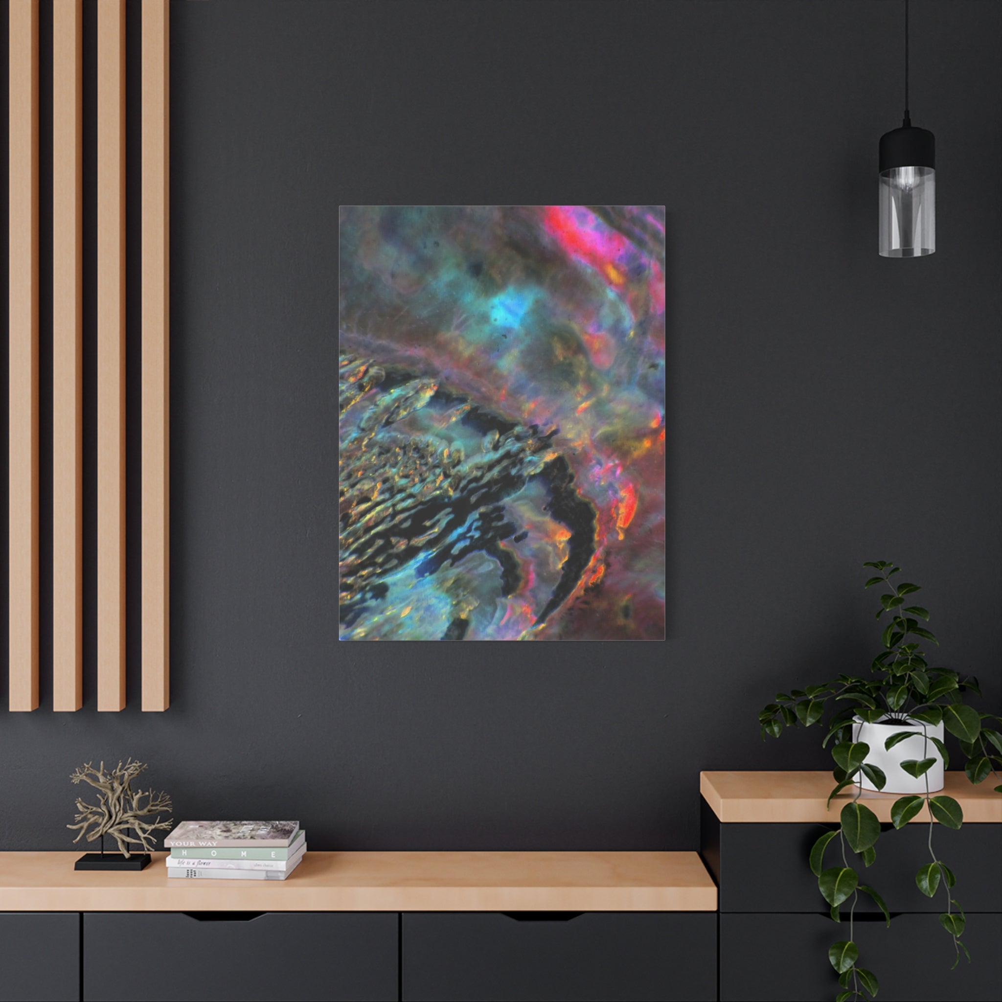 Abstract art print on a dark wall with wooden shelves and decor.